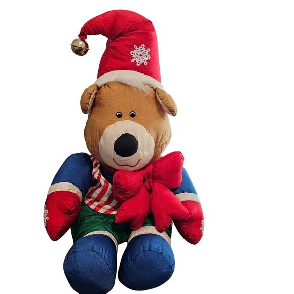 Vintage Christmas Bear Plush 90s Nylon Puffy 19" Holiday Toy Retro Jingle Bells - Picture 1 of 12